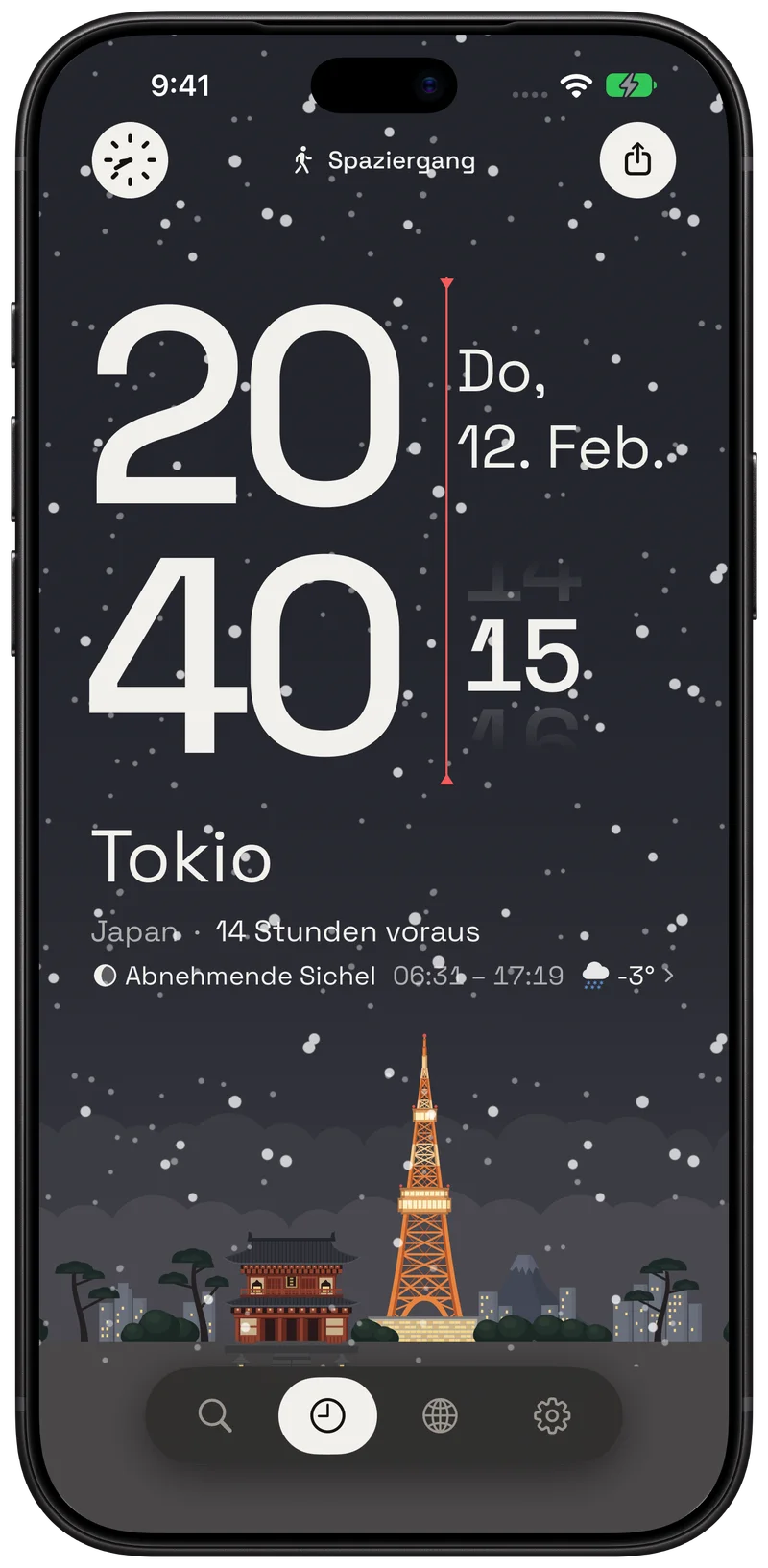 Tokio um 20:40 Uhr, Schnee fällt über dem Tokyo Tower.