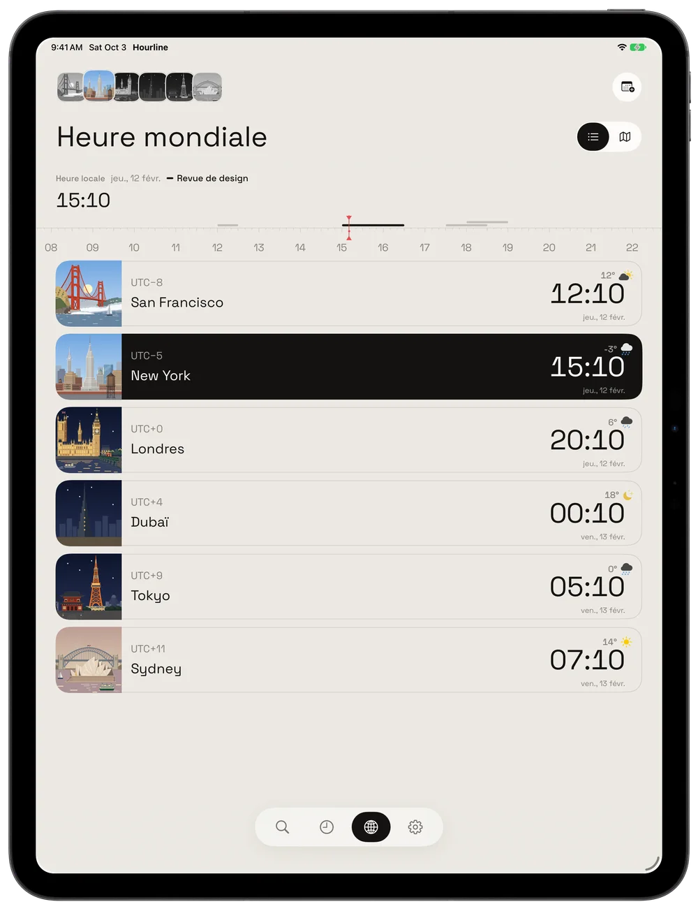 Heure, météo et monuments dans une liste.