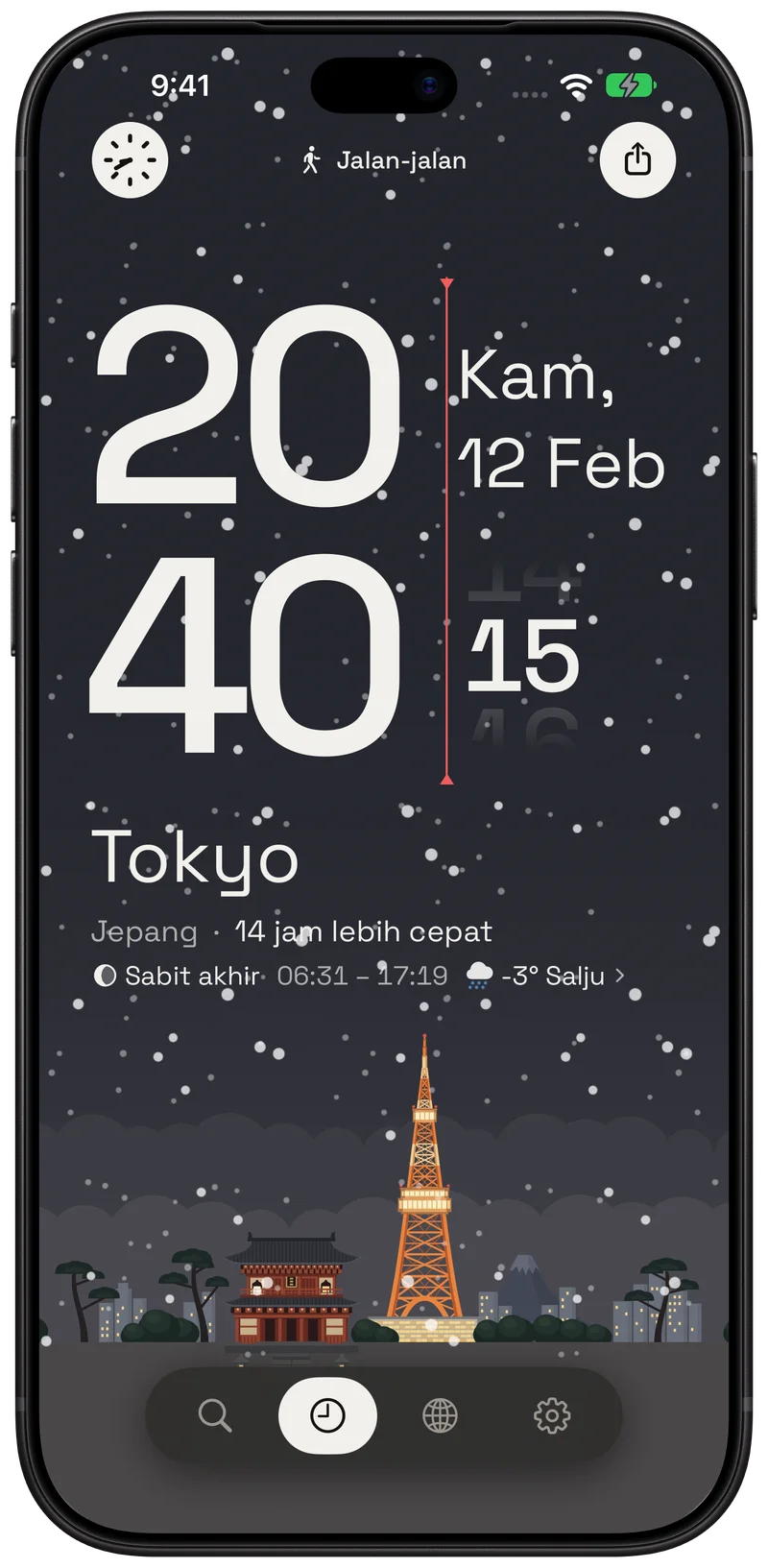 Tokyo pada pukul 20:40, dengan salju turun di atas Menara Tokyo.