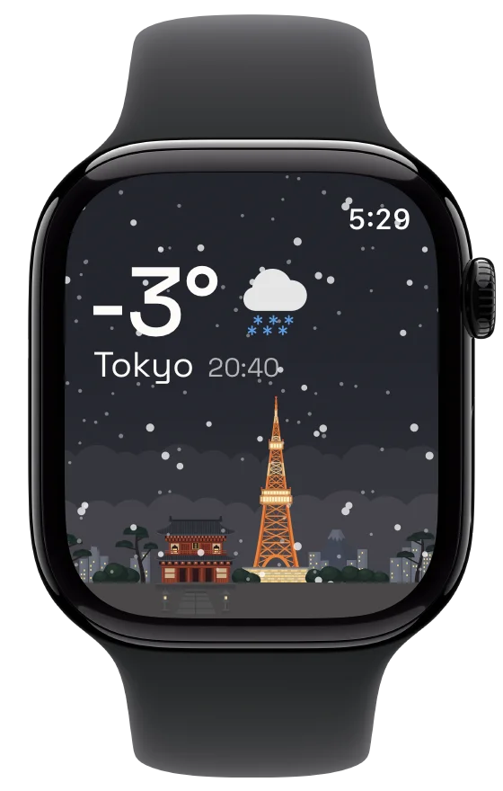 Hourline di Apple Watch, dengan langit bersalju Tokyo dan menara bercahaya.