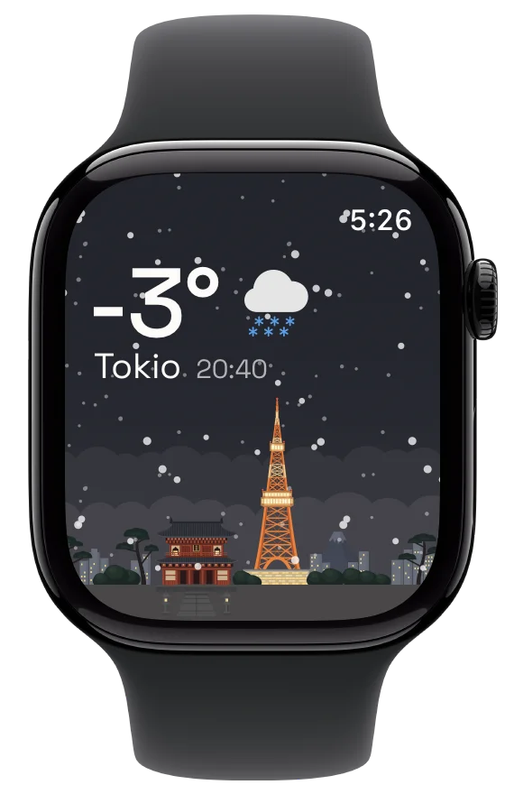 Hourline op Apple Watch, met de besneeuwde hemel van Tokio en verlichte toren.