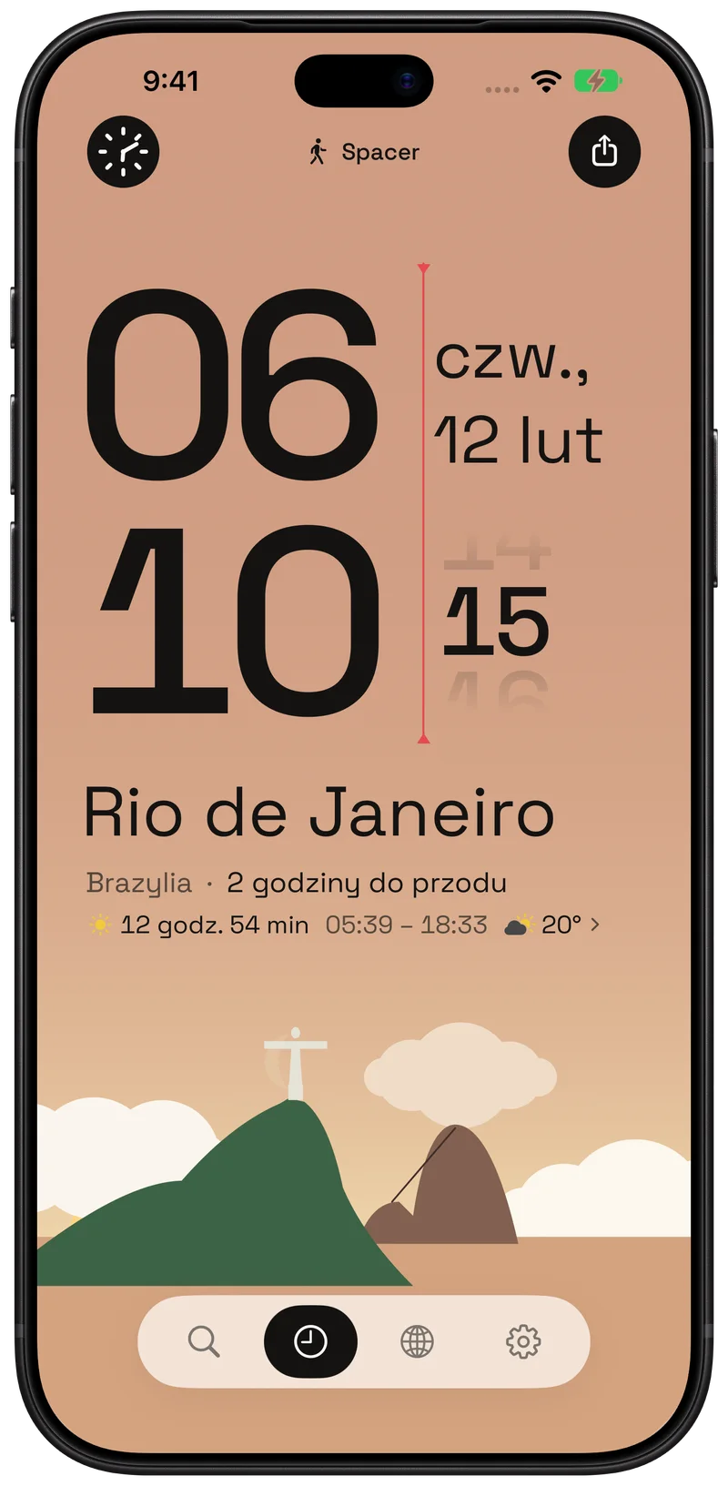 Rio de Janeiro o wschodzie słońca, z ilustrowaną linią brzegową pod porannym niebem.