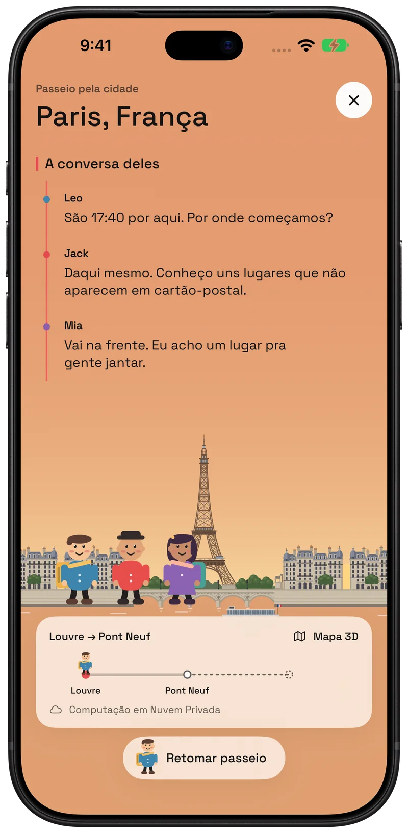 Explore a cidade com Leo, Jack e Mia.