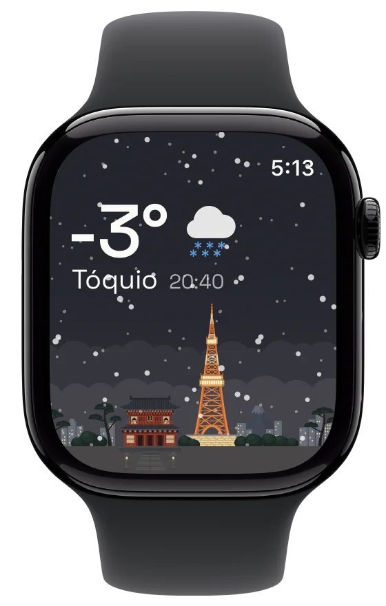 Hourline em Apple Watch, com o céu nevado de Tóquio e a torre iluminada.