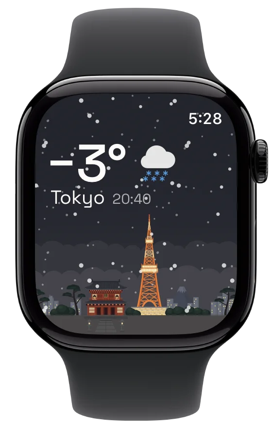 Hourline på Apple Watch, med Tokyos snöiga himmel och upplysta torn.