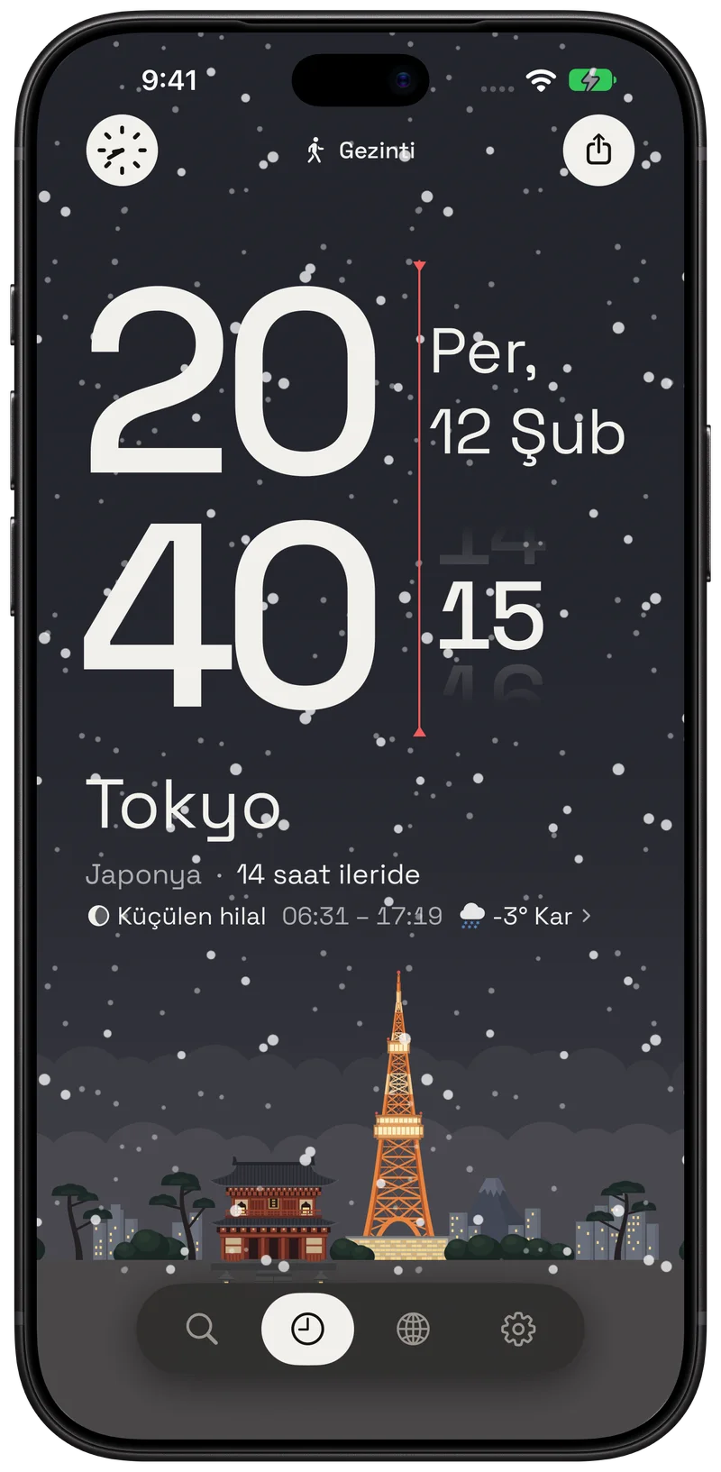 Tokyo 20:40, Tokyo Kulesi'nin üzerine kar yağıyor.