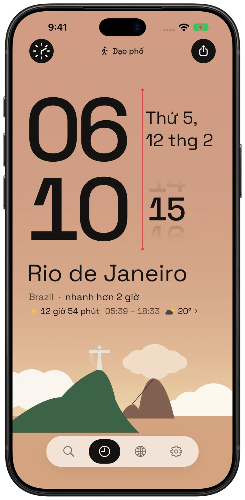 Rio de Janeiro lúc bình minh, với đường bờ biển minh họa dưới bầu trời buổi sáng.