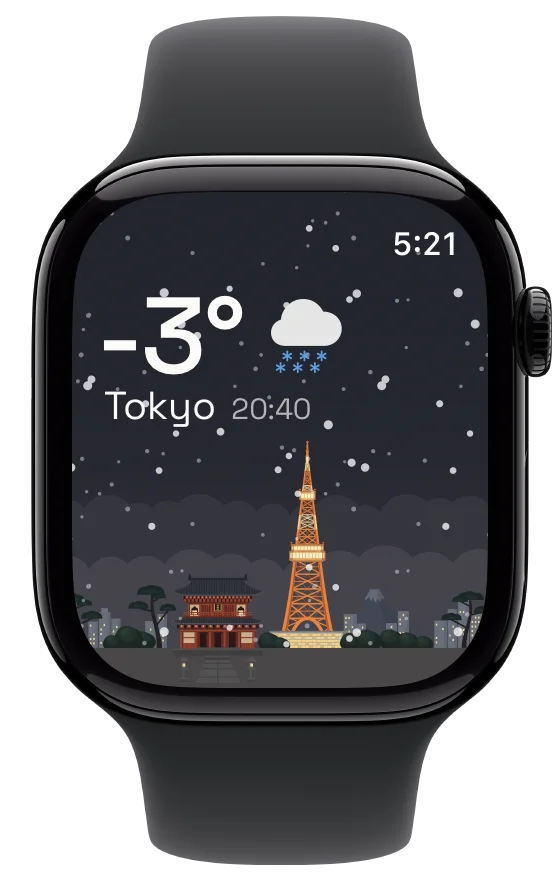 Hourline trên Apple Watch, với bầu trời đầy tuyết của Tokyo và tòa tháp được chiếu sáng.