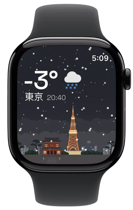 Apple Watch 上的 Hourline，展示東京飄雪的天空與亮燈的東京塔。