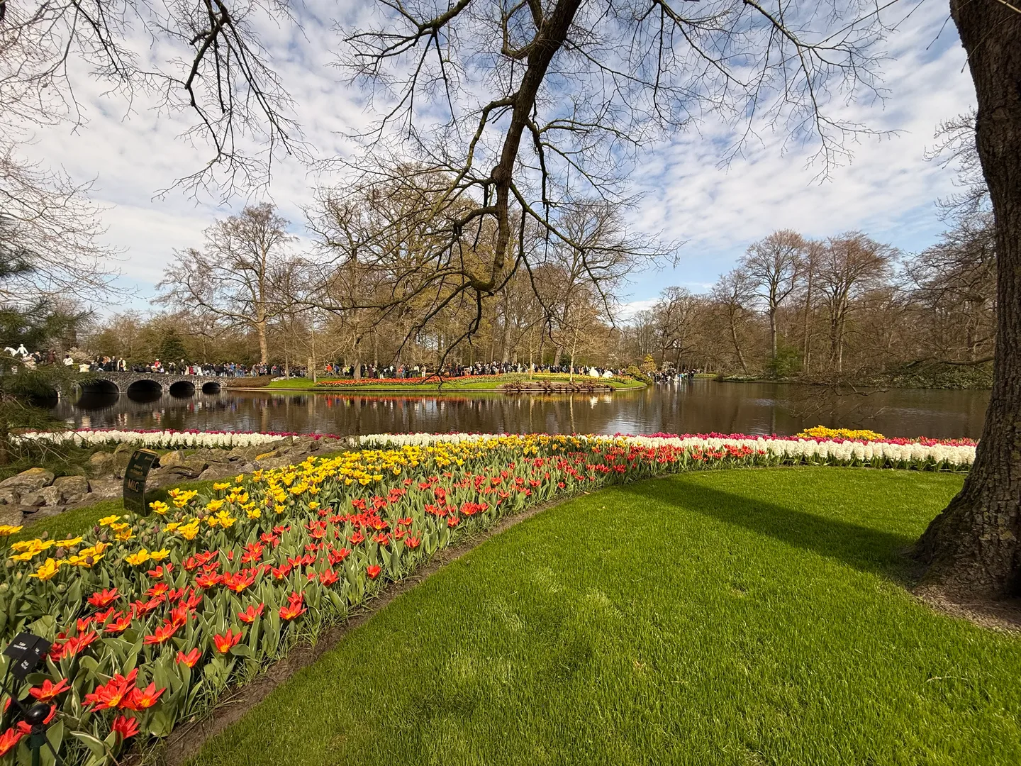 Flower beds, the lake and the low stone bridge