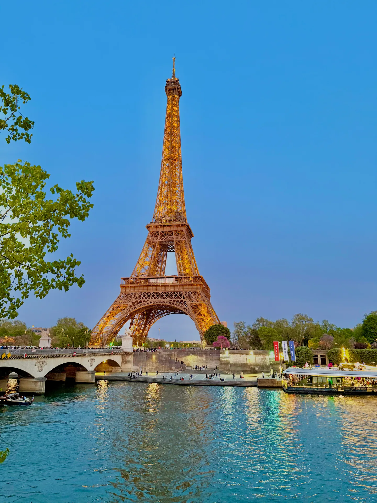 The illuminated tower beside the Seine
