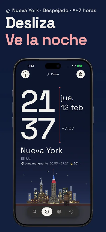 Desliza Ve la noche. Nueva York · Despejado · ≈+7 horas