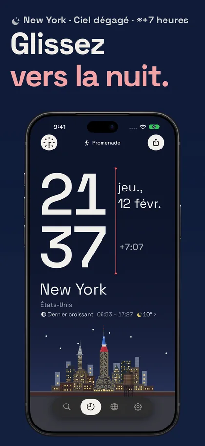 Glissez vers la nuit.. New York · Ciel dégagé · ≈+7 heures