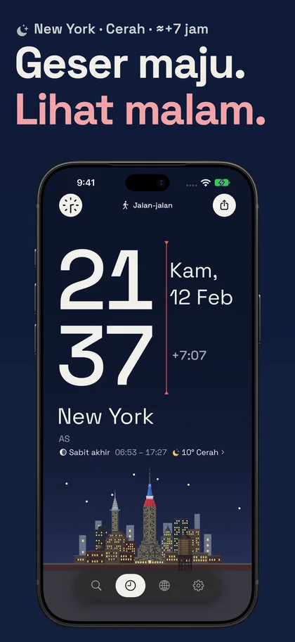 Geser maju. Lihat malam.. New York · Cerah · ≈+7 jam