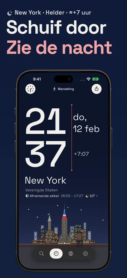 Schuif door Zie de nacht. New York · Helder · ≈+7 uur