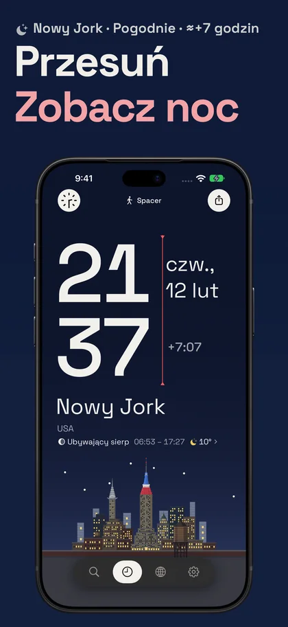 Przesuń Zobacz noc. Nowy Jork · Pogodnie · ≈+7 godzin