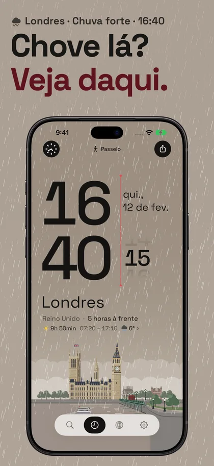 Chove lá? Veja daqui.. Londres · Chuva forte · 16:40