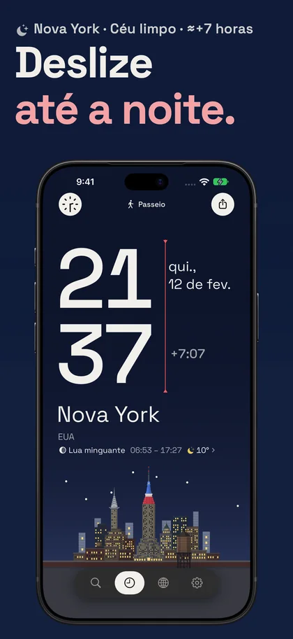 Deslize até a noite.. Nova York · Céu limpo · ≈+7 horas