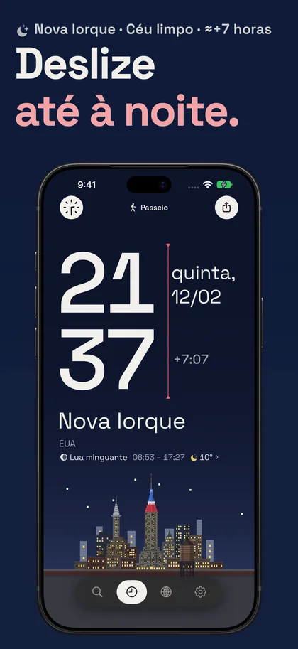 Deslize até à noite.. Nova Iorque · Céu limpo · ≈+7 horas