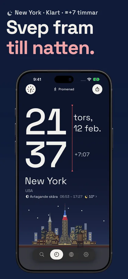 Svep fram till natten.. New York · Klart · ≈+7 timmar