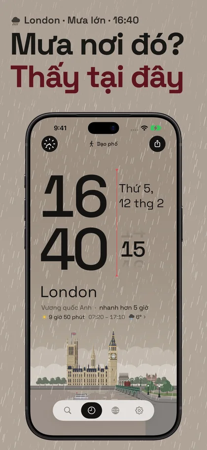 Mưa nơi đó? Thấy tại đây. London · Mưa lớn · 16:40